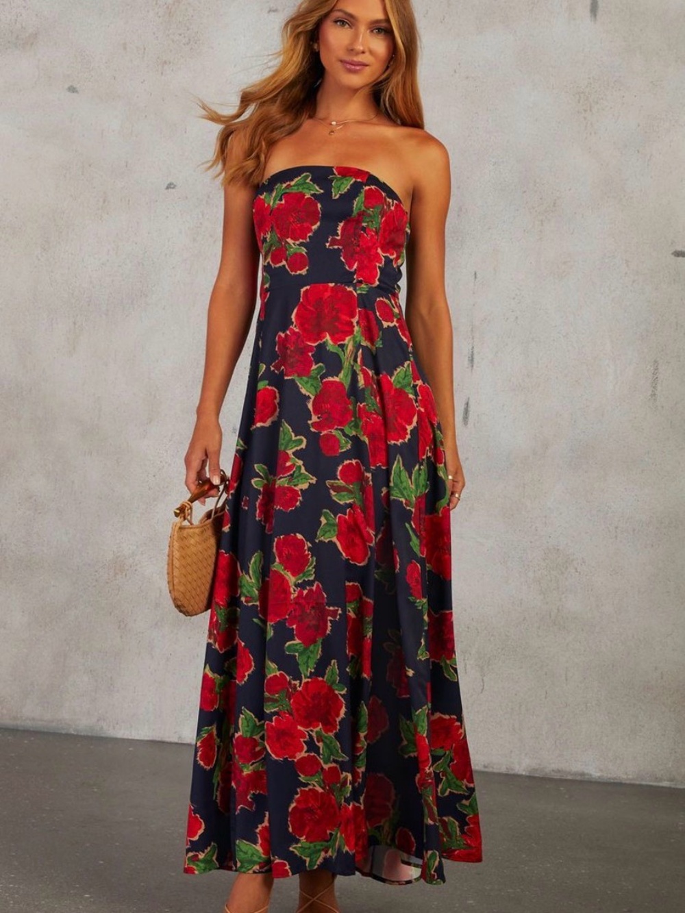VICI Navy and Red Floral Strapless Formal Maxi Dress Size M